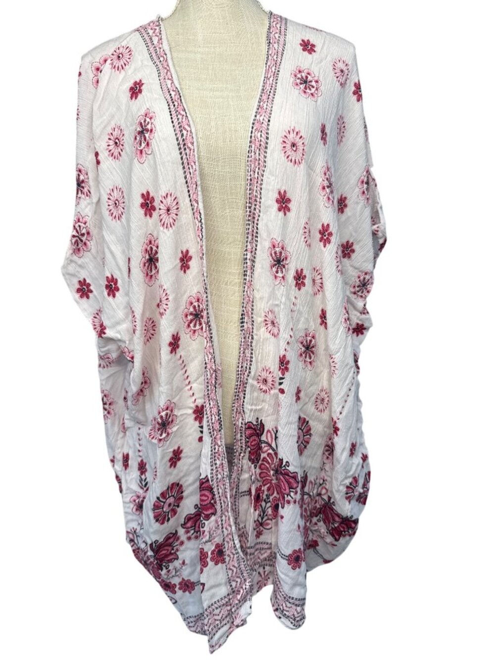 Angie M White & Pink Floral Kimono Cardigan Lightweight Open Front Medium